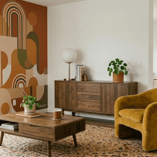 Salón moderno con vinilo de pared estilo años 70 y muebles de madera de calidad